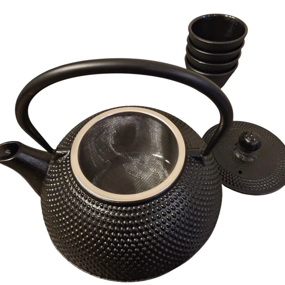 Kitchtic‎ Cast Iron Japanese Tea Set Black Hobnail Teapot 4 Cups Trivet Infuser